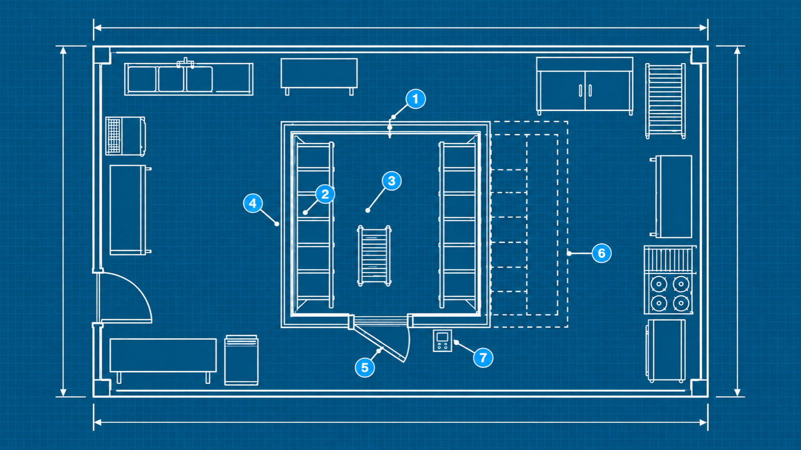 Blueprint floor plan of a commercial kitchen with a walk-in cooler, with numbered callouts marking seven common design mistakes