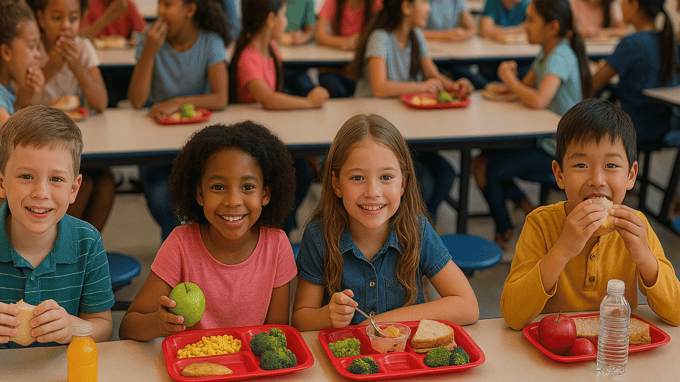 Four elementary school children sit facing the camera at a cafeteria table. Three of them have a lunch tray in front of them, and one has a brown-bagged lunch. Behind those four in the background are more tables with more children eating and talking.