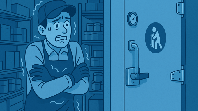 Cartoon image of a worker in a ball cap and apron inside a walk-in cooler. Worker is shivering and holding his arms.