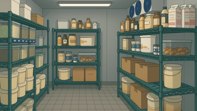 A cartoon image of the inside of a walk-in cooler. Shelves have product neatly stacked on them and the tile floor is clear of anything.