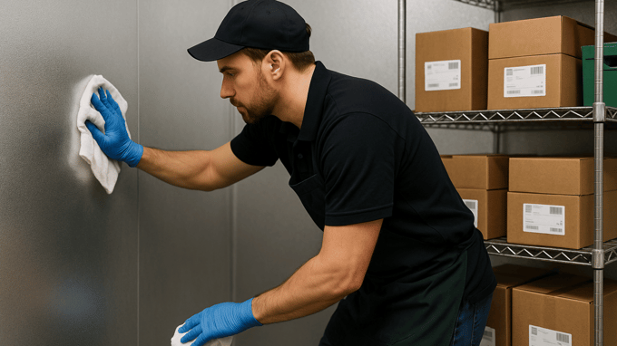 A man wearing a black baseball cap and black clothes has on blue gloves. He's holding a white cloth against the silver wall of a walk-in cooler. Behind him are metal shelves holding boxes.
