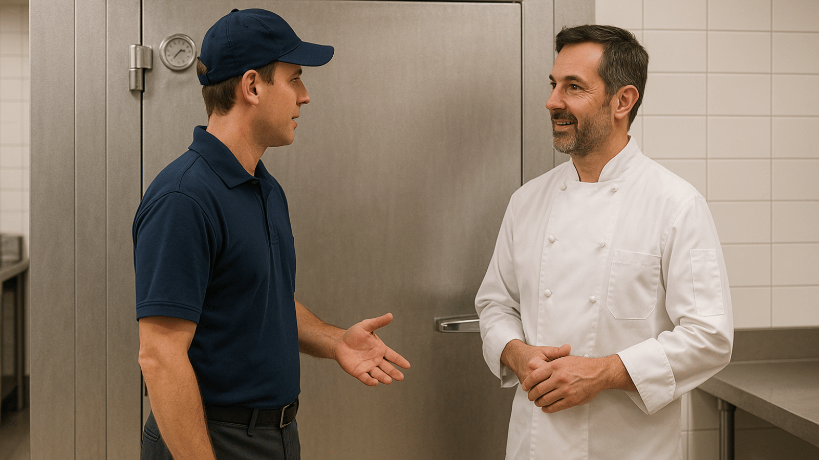 A man in a blue ball cap and blue polo and a man in a white chef's coat stand in front of a walk-in cooler and talking in a commercial kitchen.