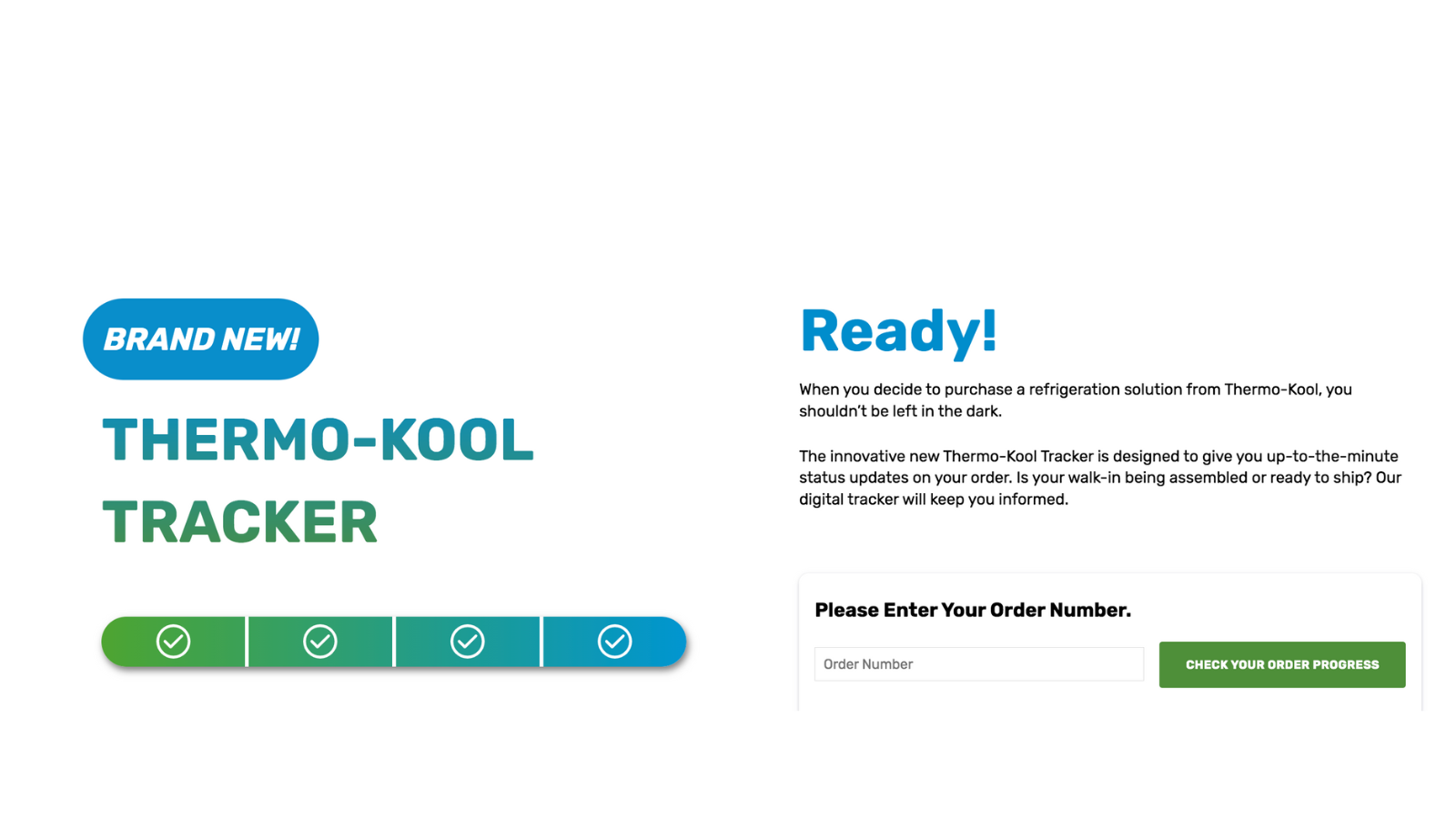 Copy of Thermo-Kool website homepage with text. Text reads Brand New! Thermo-Kool Tracker.
