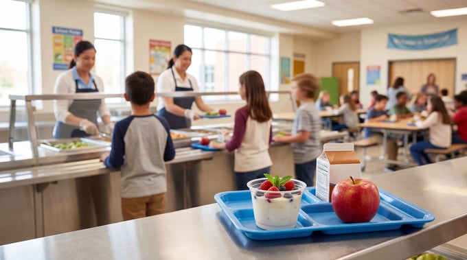 A freshly plated school lunch of yogurt, fresh fruit, and cold milk in the foreground of a bright, busy K-12
cafeteria, with staff serving students in the background.