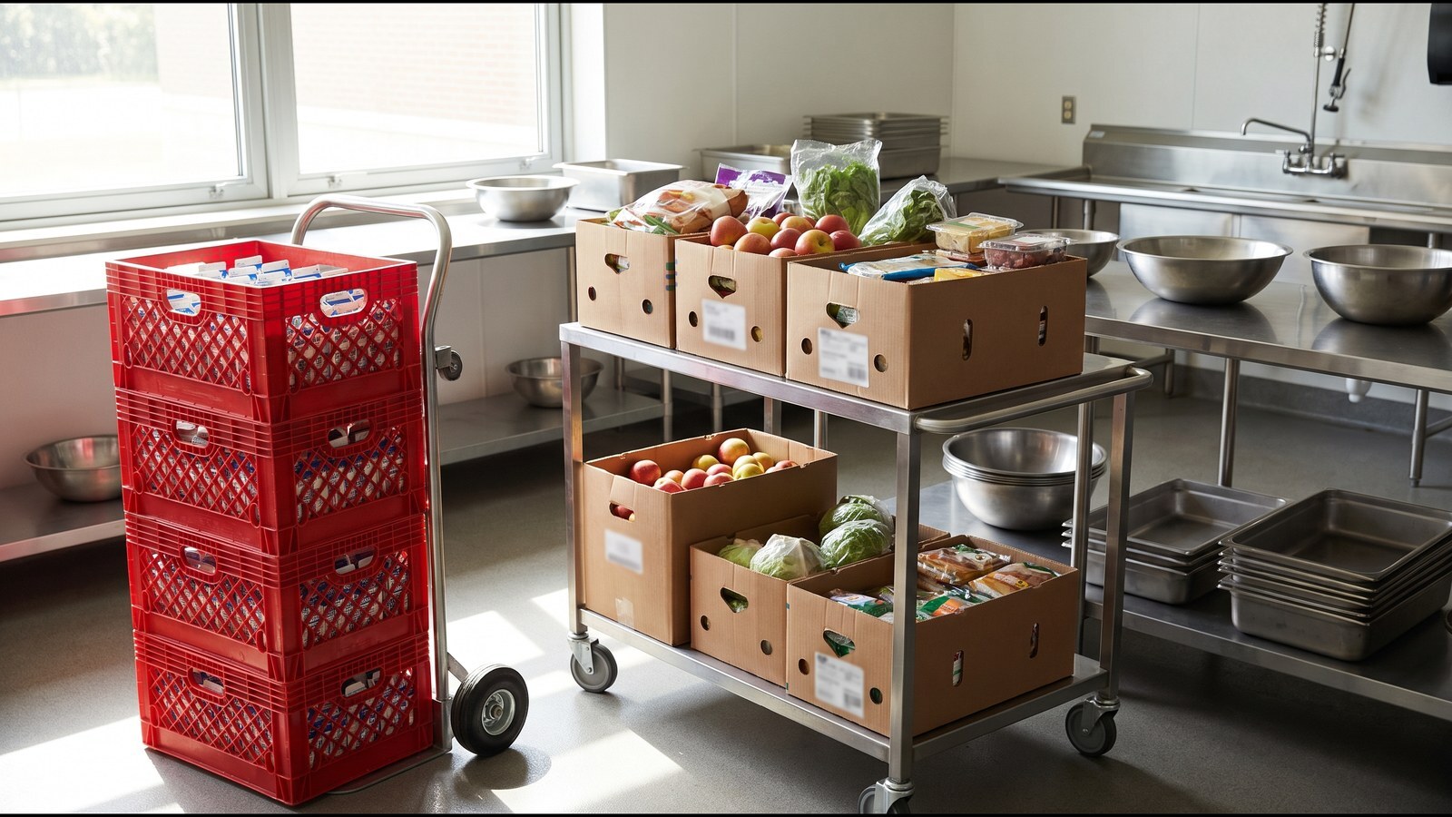 School kitchen receiving area after a morning delivery, with stacked milk crates on a hand truck and cases of fresh produce on a rolling cart beside stainless prep tables